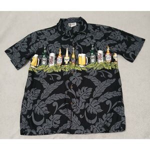 Vintage mens medium Hawaiian Aloha beer bottles gray casual  shortsleeve shirt
